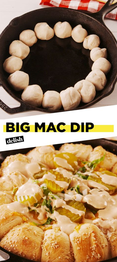 Big Mac Dip With All Your Favorite Big Mac ToppingsDelish Big Mac Appetizer, Big Mac Dip Recipe, Big Mac Dip, Fathead Bread, Cheese Pickles, Appetizer Party, Healthy Superbowl Snacks, Favorite Appetizers, Football Food