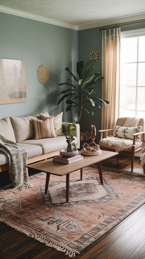 Explore 22 dreamy color schemes for a cozy boho living room. From calming neutrals to bold jewel tones, discover how the right palette can elevate your bohemian aesthetic. Boho Projects, Boho Modern Living Room, Statement Plants, Rustic Living Room Ideas, Bohemian Living Room Ideas, Living Room Design Styles, Boho Living Room Inspiration, Cozy Boho Living Room, Plant Styling