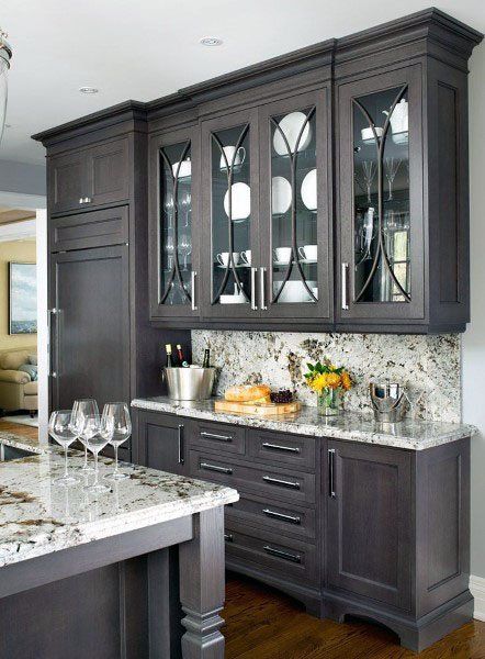 Top 70 Best Kitchen Cabinet Ideas - Unique Cabinetry Designs Salerno Glass Door Cabinet, Kitchen Glass, Farmhouse Kitchen Cabinets, Kitchen Cabinets Makeover, Dark Kitchen Cabinets, Kitchen Redo, Cool Ideas, Counter Tops, Kitchen Remodel Idea