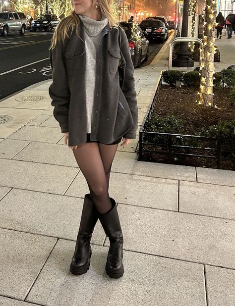 winter outfit inspo Mini Sweater Dress With Boots, Black Boot Skirt Outfit, Boots Tights Skirt, Steve Madden Chunky Boots Outfit, Knee High Boot Outfits Fall, Knee High Steve Madden Boots, Turtleneck Mini Skirt Outfit, Knee High Boots Outfit Christmas, Turtleneck Sweater With Skirt