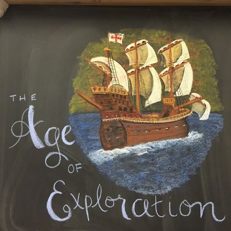 The Age of Exploration | Waldorf 7th Grade http://www.awaldorfjourney.com/2016/06/the-age-of-exploration-waldorf-7th-grade/?utm_campaign=coschedule&utm_source=pinterest&utm_medium=Meredith&utm_content=The%20Age%20of%20Exploration%20%7C%20Waldorf%207th%20Grade Waldorf Teacher, Age Of Exploration, Waldorf Curriculum, Waldorf Teaching, Exploration Art, Welcome To Class, Age Of Discovery, Chalkboard Drawings, Chalkboard Lettering