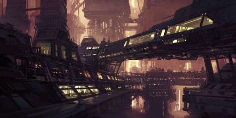 Cyberpunk Vibes, Industrial City, Industrial District, Sci Fi City, Sci Fi Environment, Futuristic City, Future City, Old Paintings, Space Opera