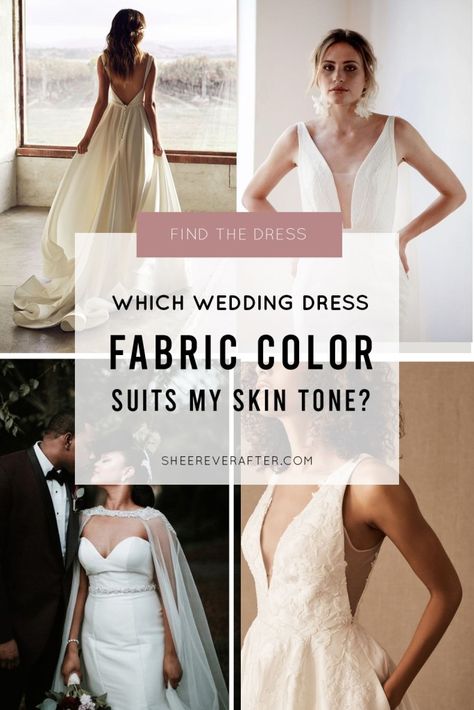 Are you looking for the right wedding dress for color fair, olive or black skin and wonder which color suit your skin tone best? The answer is not which shade your skin has! We have the explanation – and it is simpler than you think! #wedding #weddingdress #skincolor #skinshade Colors Of Wedding Dresses Shades, Shades Of Wedding Dresses, Skin Tone Wedding Dress, White Dress Pale Skin, Wedding Dress For Pale Skin Brides, Shades Of White Wedding Dress, Wedding Dress For Fair Skin, Fair Skin Wedding Dress, Pale Skin Wedding Dress