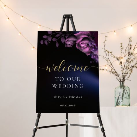 Roses, orchids and eucalyptus leaves, hand-drawn in color pencil and layered digitally with purple, make for a modern, sophisticated, elegant yet chic wedding welcome sign. The black and dark blue background with hints of purple and lights illuminate the midnight sky. The elegant calligraphy, in the hue of gold, makes this stylish black and purple design even more elegant. Black Purple Wedding, Wedding Puzzle Pieces, Dark Purple Wedding, Pink Purple Wedding, Purple Wedding Centerpieces, Dark Wedding Theme, Purple And Gold Wedding, White Wedding Decorations, Small Backyard Wedding