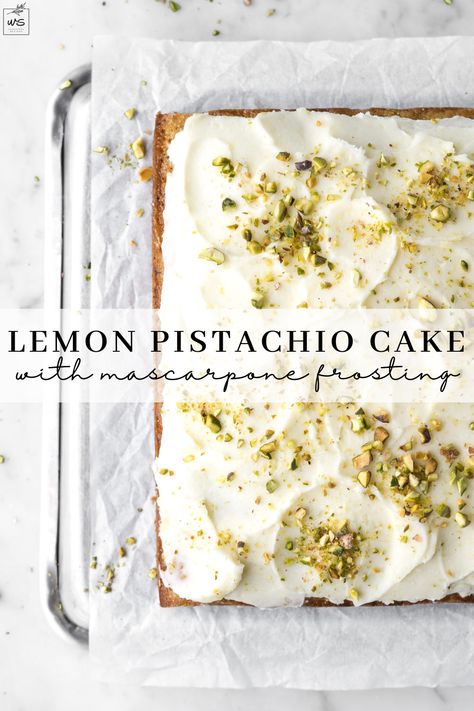 This lemon pistachio cake is the best way to celebrate Spring. It’s bursting with fresh, zesty lemon and the nutty crunch of pistachios. The cake has a springy crumb that soaks up the creamy, lemony mascarpone and creates a perfect bite of heaven. You won’t want to wait for warm Spring days to make it. Lemon Pistachio Cupcakes, Lemon Pistachio Dessert, Pistachio Cake Frosting, Pistachio Mascarpone Cake, Pistachio Cake Healthy, Not Too Sweet Cake Recipes, Spring Bakery Ideas, Easy Pistachio Dessert, Pistachio Desert