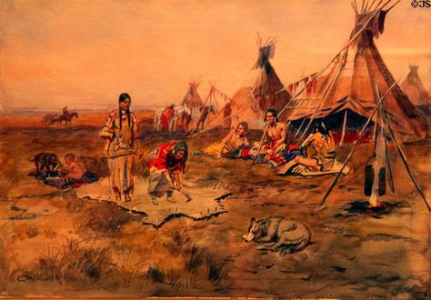 Pain scenes of Indian life - Indian Life painting (1900) by Charles M. Russell at Wichita Art Museum. Wichita, KS. Charlie Russell, Cowboy Pics, Native American Village, Mountain People, Cowboy Artists, Helena Montana, Native American Paintings, Wilde Westen, American Frontier