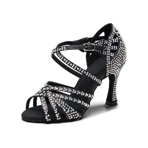 Category:Salsa Shoes,Latin Shoes,Line Dance; Upper Materials:Silk; Embellishment:Crystal / Rhinestone; Lining Material:Suede; Heel Type:Slim High Heel; Actual Heel Height:9.46; Gender:Women's; Style:Heel; Heel Height(inch):> 4; Outsole Materials:Suede; Occasion:Party Evening,Indoor,Stage; Closure Type:Ankle Strap; Customized Shoes:Customizable; Production mode:Self-produce; 2023 Trends:Glitter Crystal Sequined Jeweled; Foot Length:; Size chart date source:Provided by Supplier. Ballroom Shoes Latin, Dancing Heels, Black Dancing, Danza Latina, Salsa Shoes, Latin Shoes, Jeweled Heels, Dance Heels, Ballroom Dance Shoes