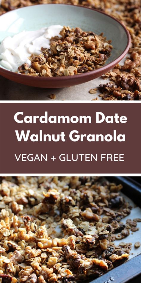 This Cardamom Date Walnut Granola is gluten-free, vegan, and delicious! It's easy to make but packed with flavour. Perfect with non-dairy milk or yohgurt! #vegan #whatveganseat #granola #glutenfree #breakfast Walnut Granola, Vegan Granola, Granola Recipe Homemade, Non Dairy Milk, Granola Breakfast, Plant Based Breakfast, Granola Recipes, Gluten Free Breakfasts, Homemade Granola