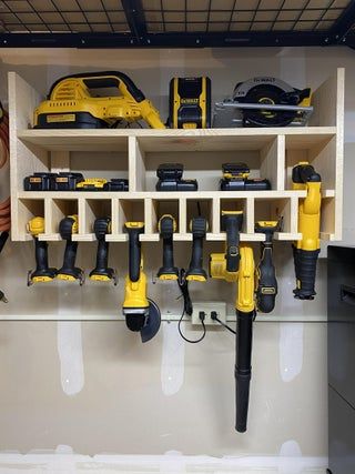 Power Tool Storage & Charging Station : 5 Steps (with Pictures) - Instructables Tool Wall Storage, Workshop Cabinets, Historical Pics, Power Tool Organizer, Garage Workshop Organization, Garage Shelves, Woodworking Garage, Power Tool Storage, Tools Design