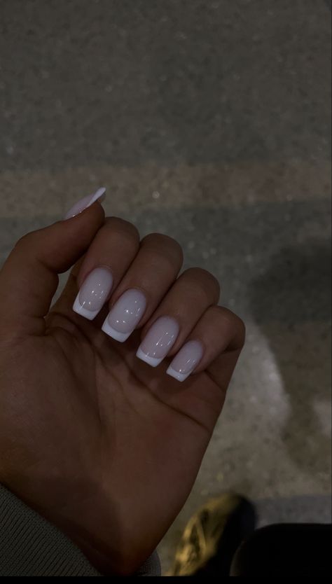 Gray White French Tip Nails, Milky Nails French Tip, Nail Milky White French, Milky White Base French Nails, Clean Nails Aesthetic Design, Square Gel X Nails Medium, Short Milky French Nails, All White French Tip, Sparkly Milky White Nails