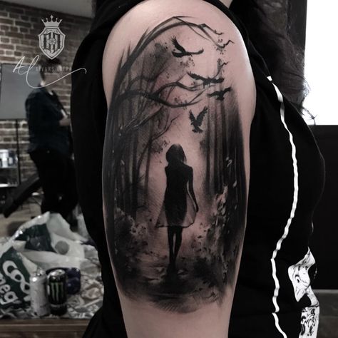 Girl in a forest #forest #girl #oslo #norway Swing Tattoo, Rabe Tattoo, Wood Tattoo, Forest Tattoo, Dragons Tattoo, Girl Back Tattoos, Tattoos For Women Half Sleeve, Scary Tattoos, Forest Tattoos