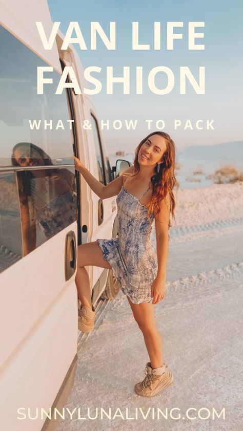 Tap to read my blog on all the clothes I pack for life on the road! Van Life Fashion, Van Life Clothes Storage, Rv Capsule Wardrobe, Van Life Outfits For Women, Van Life Capsule Wardrobe, Van Life Clothes, Van Life Wardrobe, Campervan Outfit, Vanlife Wardrobe