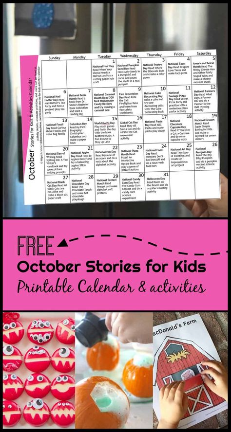 FREE Activity Calendar filled with a daily October Stories for Kids and activity based on a fun holiday or seasonal theme. Perfect for families on the go! #activitycalendar #bookactivities #funholidays October Activity Calendar, World Maths Day, National Poetry Day, 123 Homeschool 4 Me, Activity Calendar, Maths Day, Fun Holidays, October Activities, Poetry Day