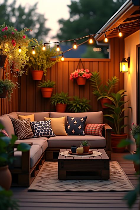 Budget-friendly patio makeover with pallet furniture Outdoor Porch Ideas On A Budget, Townhouse Patio Ideas, Townhouse Patio, Outdoor Porch Ideas, Clever Furniture, Patio Oasis, Porch Ideas On A Budget, Patio Design Ideas, Cozy Bohemian