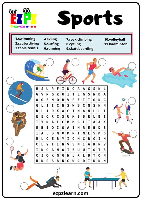 Sports Word Search 2 Sports Worksheets For Kids, Sports Word Search, Sports Crossword, Word Puzzles For Kids, Sports For Kids, Sport English, Free Printable Word Searches, Printable Sports, English Activities For Kids