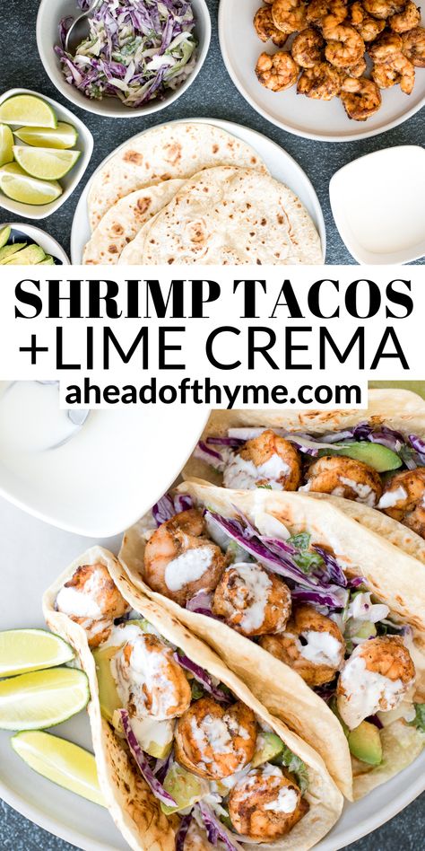 Mexican Shrimp Tacos, Creamy Cabbage Slaw, Slaw For Shrimp Tacos, Easy Shrimp Tacos, Creamy Cabbage, Shrimp Tacos Recipe, Shrimp Tacos Easy, Mexican Shrimp, Lime Crema