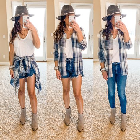 Jean Shorts Flannel Outfit, Blue And White Plaid Shirt Outfit, Shorts And Flannel Outfit, White Plaid Shirt Outfit, Flannel Shirt Outfit, Plaid Shirt Outfits, Flannel Outfits, White Flannel, Blue Plaid Shirt