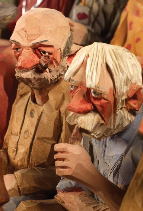 Close up of 2 jurors, from Judge and Jurors, carved by Andy Anderson. Wood Carving Human Figures, Caricature Carving, Andy Anderson, Wood Carving Faces, Simple Wood Carving, Carved Wood Sculpture, Funny Caricatures, Wood Carving Designs, Illustration Art Drawing