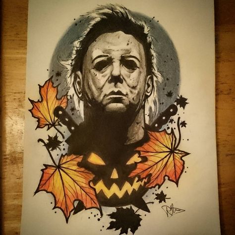 Couldn't resist colouring it in lol up for grabs for #halloween #tattoo #tattoos @steeleandinktattoo #tattooing #art #tattoolife #tattooworkers #artist #ink #inked #tattooart #tattoodesign #uk #design #drawing #sketch #horror #michaelmyers #film #movie #leaves #mask #pumpkin #neotradsub #neotrad #neotraditional #uktattoo #newtraditional #instagood Michael Myers Drawing, Michael Myers Art, Horror Movie Tattoos, Movie Tattoos, Theme Tattoo, Horror Artwork, Horror Movie Icons, Halloween Tattoo, Horror Tattoo