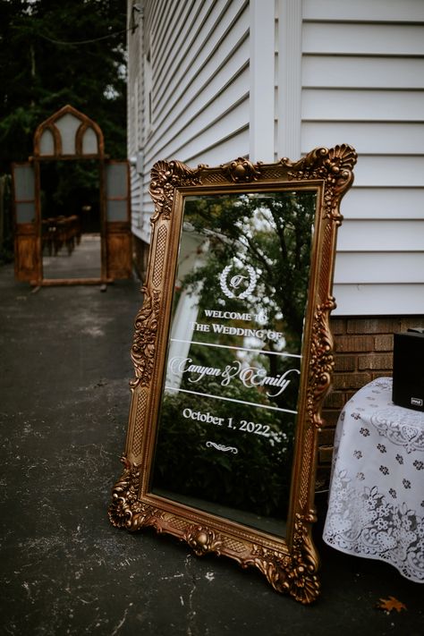 Vintage gold ornate mirror, vintage wedding sign Mirror Welcome Sign Wedding, Vintage Backyard Wedding, Mirror Welcome Sign, Moody Maximalist, Vintage Backyard, Mirror Wedding Signs, Gold Ornate Mirror, Vintage Gold Mirror, Jade Wedding