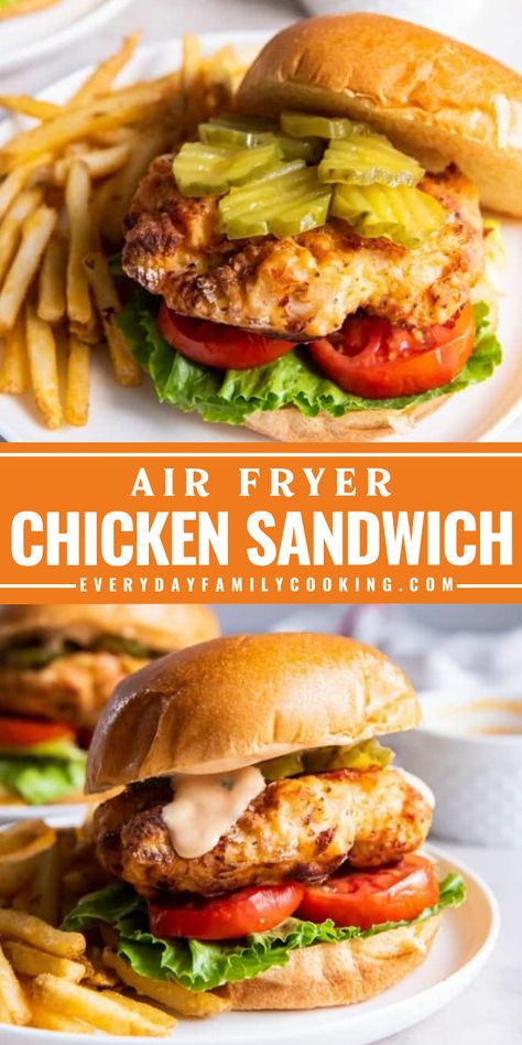 Are you craving Chick-fil-A chicken sandwich but too lazy to order? This chicken sandwich recipe will satisfy your cravings! With just your air fryer, you can make this crispy, juicy, golden dish. Pin this Father's Day recipe and share it to your friends. Chic Fil A Cool Wrap Recipe, Chicken Sandwich Recipes Air Fryer, Air Fryer Chicken Sandwich, Homemade Chicken Sandwich, Chick Fil A Sandwich, Chicken Breast Sandwich, Crispy Air Fryer Chicken, Crispy Chicken Breast, Chicken Sandwich Recipe