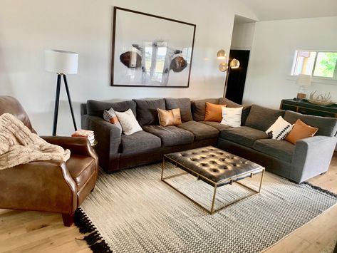 Black And Wood Accents, Married Apartment, Ranch Living Room, Colorado Decor, Dark Grey Sofa Living Room, Dark Grey Couch, Love Sac, Ranch Living, Grey Sofa Living Room