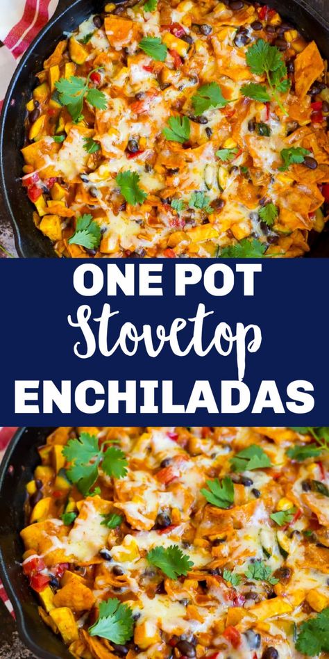 These One Pot Stove Top Enchiladas are so easy to make and taste just like regular enchiladas! You can easily customize the ingredients to fit your tastes and they're even freezer friendly! #enchiladas #stovetopenchiladas #vegetarian #easydinner #30minutemeal Easy Stove Top Meals Vegetarian, Enchilada Stove Top, Vegan Stove Top Recipes, Stove Top Meals For Two, One Pot Meals Stove Top, Stove Top Enchiladas, Stove Top Dinner Ideas Easy, Healthy Stove Top Recipes, Stove Top Meals Dinners