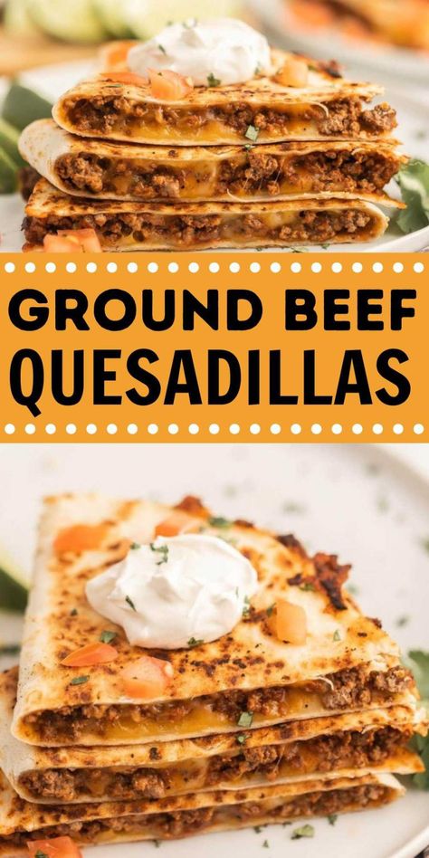 Ground Beef Quesadillas Recipe - Eating on a Dime Quesadilla Recipes Beef, Steak Quesadilla, Ground Beef Quesadillas, Cheesy Ground Beef, Beef Quesadillas, Seasoned Ground Beef, Hamburger Meat Recipes, Tortilla Recipe, Quesadilla Recipes