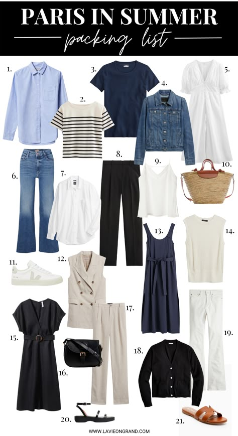 Graphic of clothing items to pack for Paris in summer. Summer Outfits Classic Style, Elevated Casual Outfit Summer, French Summer Style Parisian Chic, Paris Summer Outfits Parisian Chic, French Fits, Carryon Packing, What To Pack For Paris, Paris In Summer, French Capsule Wardrobe