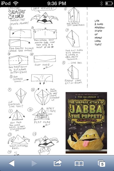 How To Fold Origami Jabba's Pet! (On Bottom). Origami Yoda Instructions, Star Wars Origami, Basic Origami, Origami Templates, Origami Yoda, Origami Techniques, Kids Origami, Origami Dragon, Star Wars Diy