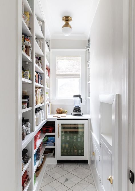 Long Walk In Pantry, Long Narrow Pantry, Pantry Narrow, Walk Through Pantry, Narrow Pantry, Pantry Room, Butlers Pantry, Kitchen Pantry Design, Long Walk