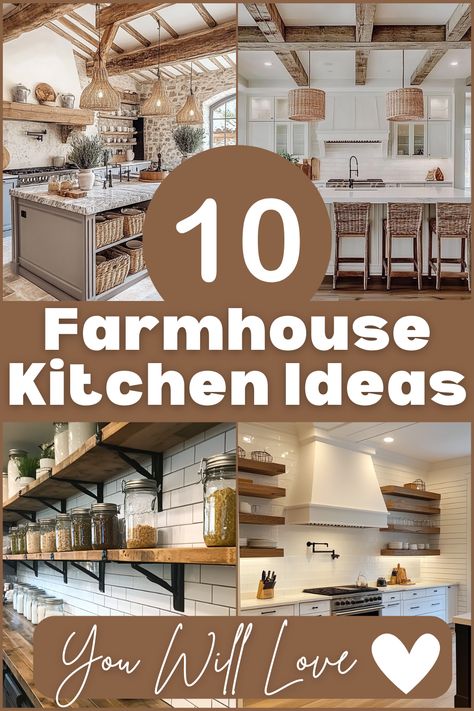 Discover cozy farmhouse kitchen designs that combine rustic charm with modern comfort. Perfect ideas for creating a warm, inviting kitchen space. Click to see more! #FarmhouseStyle #KitchenDecor #RusticKitchen #HomeInspiration #FarmhouseCharm Farm Modern House Decor Kitchen, 2024 Kitchen Decor Trends, Modern Farmhouse Kitchen Shelves, Farmhouse Modern Kitchen Ideas, New Kitchen Ideas 2024, Small Farmhouse Ideas, Glam Farmhouse Kitchen, Country Kitchens Farmhouse, Rustic Kitchen Decor Farmhouse Style