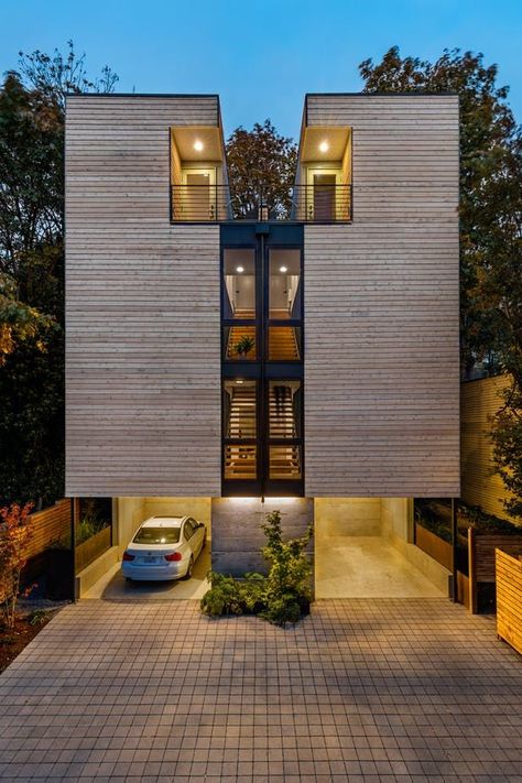 Townhouse Exterior, Build Design, Modern Townhouse, Duplex Design, Townhouse Designs, Narrow House, Project Inspiration, Eco Friendly House, Green Roof