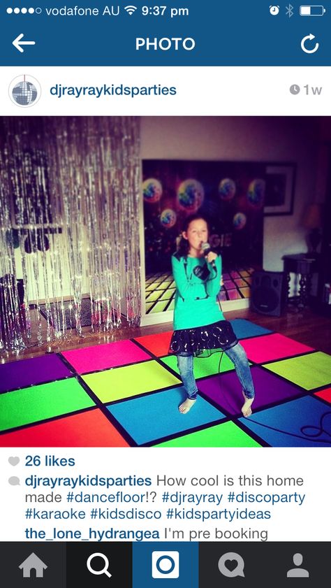 Dance floor envy !!  IM gonna try and make this at home on our tiles with black tape and wrapping paper it probably won't last long but will Look Good Neon Dance Floor Diy, Diy Light Up Dance Floor, Disco Floor Diy, Diy Disco Dance Floor, Disco Brunch, 70s Decorations, Dance Floor Diy, Decades Dance, Diy Black Light