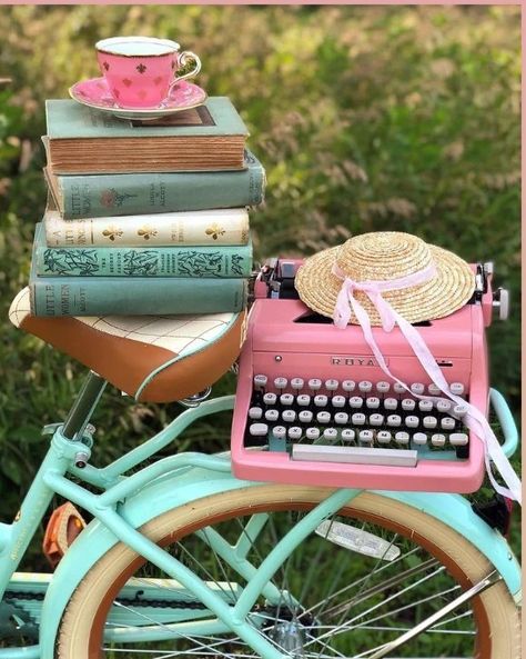 Pink Typewriter, Rear Bike Basket, Bike Baskets, Mobile Library, Alice And Wonderland Quotes, Tea And Books, Lovely Flowers Wallpaper, Bike Basket, World Images