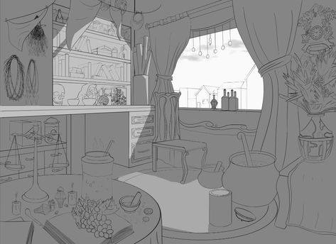 Witch House Interior Drawing, Witch Room Drawing, Room Drawing Ideas, One Point Perspective Room, Drawing Room Concept, Room Perspective Drawing, Cartoon Environment, 1 Point Perspective Drawing, Room Perspective