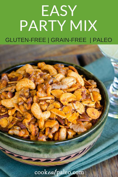 A quick and easy homemade paleo party mix recipe that's gluten-free, grain-free, dairy-free, and perfect for snacking. Salty, smoky and garlicky, it reminds me of traditional snack mix, but without the not-so-desirable ingredients. This is the perfect recipe for a quick appetizer or snack, and it's a real crowd pleaser! -- #vegansnack #paleosnack #glutenfreesnack #veganappetizer #paleoappetizer #glutenfreeappetizer #cookeatpaleo Healthy Snack Mix, Paleo Snacks Easy, Paleo Recipes Snacks, Paleo Snack, Paleo Appetizers, Dairy Free Snacks, Snack Mix Recipes, Easy Paleo, Paleo Snacks