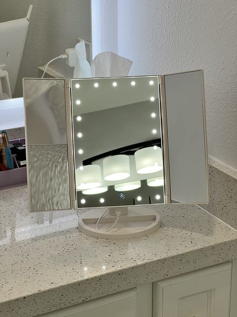 a white, tri-fold LED magnifying mirror Foldable Mirror, Vanity Mirror With Lights, Mirrors For Makeup, Portable Mirror, Trifold Mirror, Lighted Vanity Mirror, Mirror Vanity, Led Makeup Mirror, Lighted Mirror