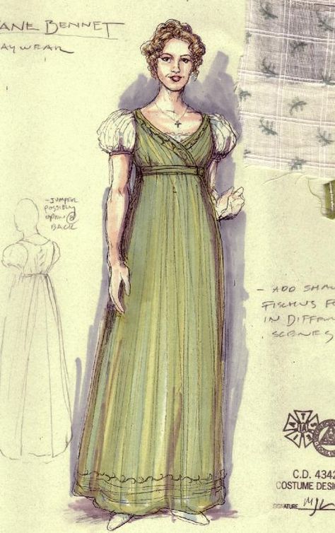 Pride and Prejudice (Jane Bennet). Costume design by Mathew J. LeFebvre. Jane Bennet, Pride And Prejudice Jane, Costume Design Sketch, Regency Gown, Regency Era Fashion, Estilo Hippy, Regency Dress, Regency Fashion, 19th Century Fashion