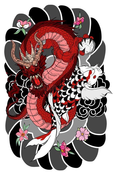 Hand drawn Dragon and koi fish with flower tattoo for Arm, Japanese carp line drawing coloring book vector image. stock illustration Pez Koi Tattoo, Dragon Koi Tattoo Design, Drawn Dragon, Dragon Koi Fish, Koi Dragon, Koi Tattoo Design, Japanese Flower Tattoo, Flower Tattoo Drawings, Boat Wallpaper