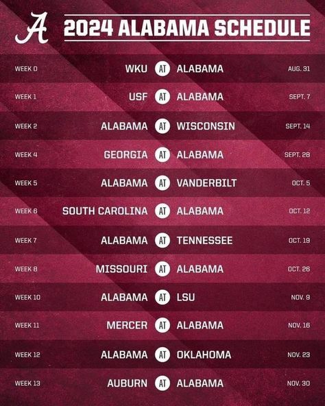 Alabama Crimson Tide Football Fans | The 2024 Alabama Crimson Tide Football Schedule...🏈 | Facebook Alabama Crimson Tide Football Wallpaper, Roll Tide Roll, Fans Only, Alabama Football Roll Tide, Crimson Tide Fans, Football Schedule, Nfl Championships, Bama Football, Alabama Crimson Tide Football