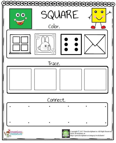 Easy Square Worksheet Here is funny square worksheet for kindergarten, preschool and first graders. You can practice or teach what is square to little ones. First color the squares together then practice tracing them. At last connect the dotes to make squares. Shape Of The Week Square, Square Worksheet Kindergarten, Shape Square Worksheet, Teaching Squares Preschool, Square Activities For Kindergarten, Square Activity For Preschool, Square Shape Worksheets For Preschool, Preschool Square Activities, Square Preschool Activities