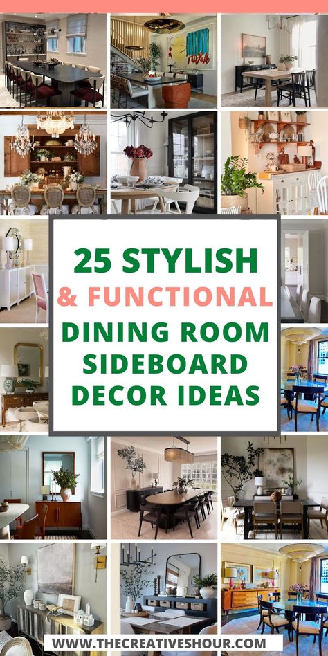 Discover how to elevate your dining space with these elegant dining room sideboard decor ideas. Whether you're drawn to farmhouse charm or traditional elegance, this guide offers inspiration and tips for styling your sideboard. Learn how to blend practical storage with aesthetic appeal, incorporating vases, family heirlooms, and unique finds to create a focal point that's both beautiful and functional. Perfect for any home looking to add a touch of sophistication. Decorate A Sideboard, Dining Room Sideboard Decor, Dining Room Sideboard Styling, Dining Room Buffet Styling, How To Decorate A Buffet, Sideboard Decor Ideas, Decorating A Buffet Table, Functional Dining Room, How To Decorate A Sideboard