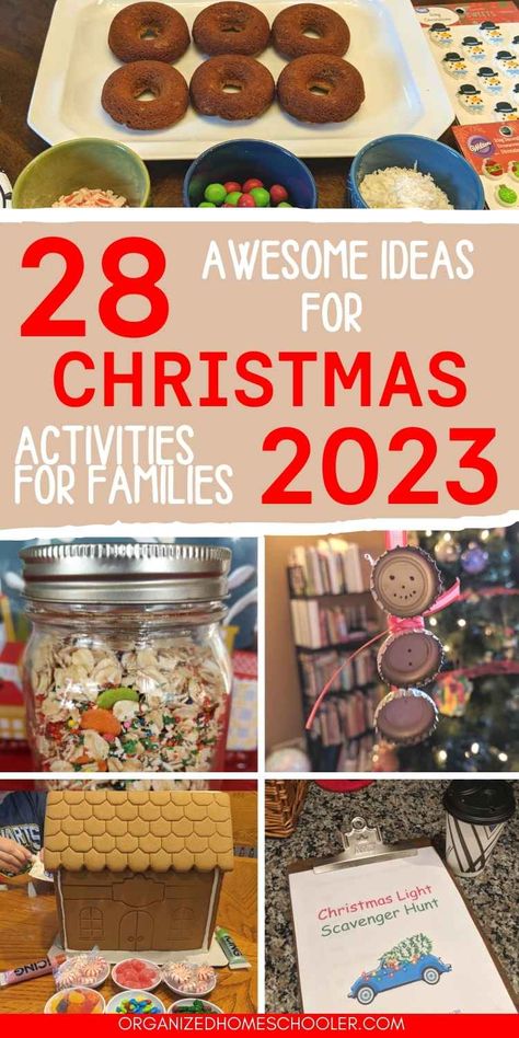 28 awesome idas for Christmas activites for families 2023 written in the middle of a Christmas donut bar, reindeer food, a homemade Christmas ornament, a gingerbread house, and a Christmas light scavenger hunt printable Kid Christmas Activity Ideas, Fun Christmas Ideas For Families, Christmas Home Activities For Kids, Christmas Cabin Activities, Activities For Kids At Home Christmas, 25 Days Christmas Ideas, Fun Family Christmas Activities At Home, Christmas Activities For Families Home, Family Holiday Craft Ideas