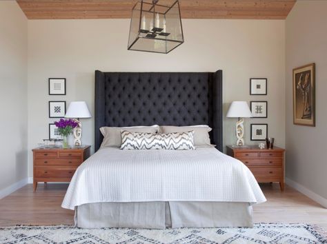 dark gray grey upholstered headboard tufted linen neutral bed bedroom natural wood 2016 long lumbar pillow body pillow Grey Upholstered Headboard Bedroom, Dark Grey Headboard Bedroom, Upholstered Headboard Bedroom Ideas, Dark Grey Headboard Bedroom Ideas, Dark Grey Headboard, Grey Tufted Headboard, Dark Headboard, Wood Headboard Bedroom, Grey Headboard Bedroom Ideas