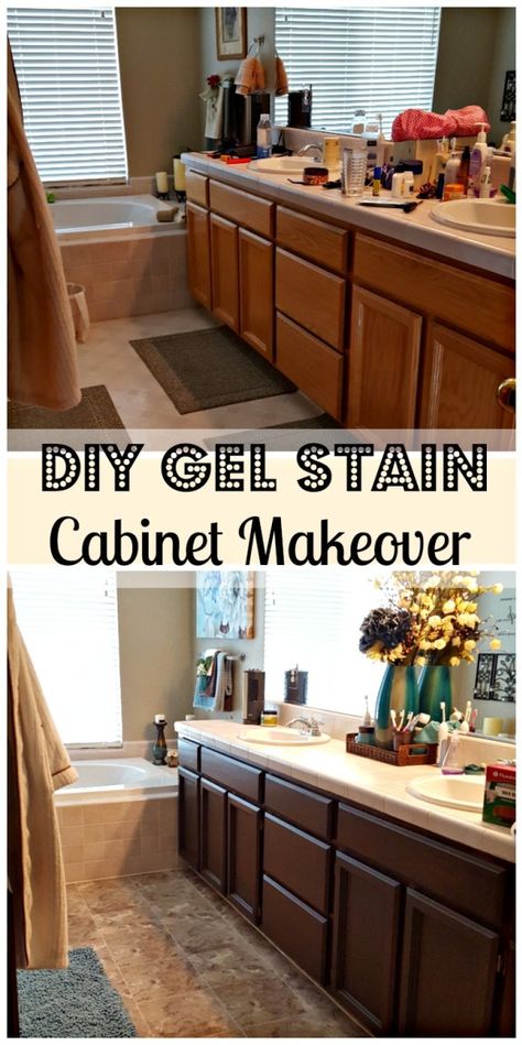 bathroom remodel DIY General Finishes Gel Stain, Remodel Diy, Kitchen Diy Makeover, Tile Remodel, Staining Cabinets, Diy Bathroom Remodel, General Finishes, Cabinet Makeover, Gel Stain