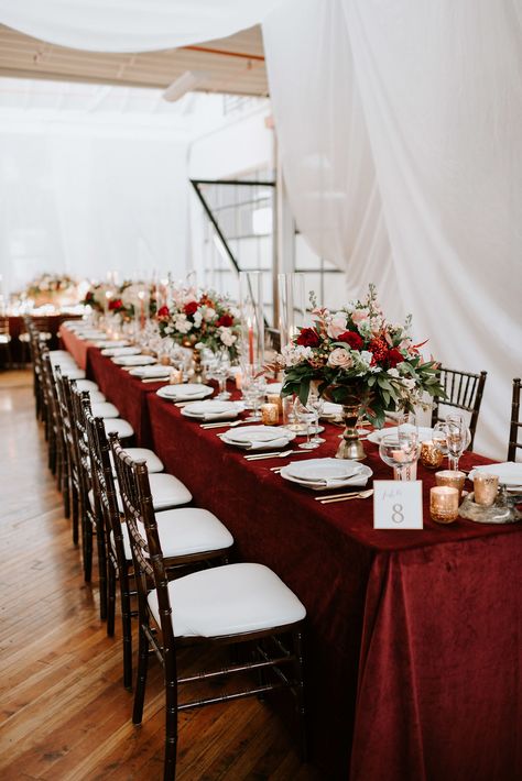 Burgundy Wedding Table Cloth, Red And Blush Wedding Centerpieces, Burgundy Wedding Reception, Blush Wedding Reception, Long Table Wedding, Burgundy And Blush Wedding, Indoor Wedding Receptions, Photography Indoor, Long Tables