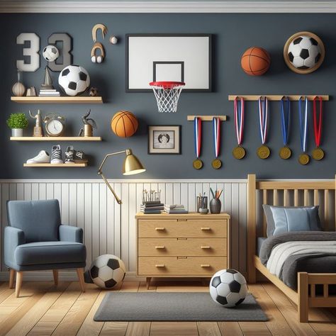 Usa Boys Bedroom, Sports Themed Rooms For Boys, Big Kid Room Boy Bedrooms, Boys Sport Themed Bedroom, Boys Accent Wall Bedroom, Teen Boys Sports Bedroom Ideas, Toddler Boy Sports Bedroom, Sport Themed Bedroom For Boys, Boys Room Football Theme