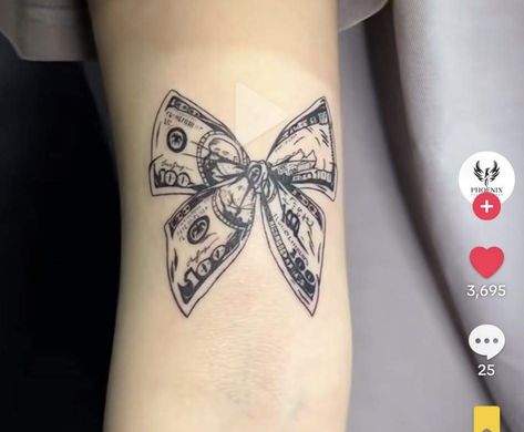 Bow Money Tattoo, Money Bow Tie Tattoo, Money Bow Tattoo, Money Sign Tattoo, Dollar Tattoo, Stick Poke, Stick Poke Tattoo, Money Tattoo, Ribbon Tattoos