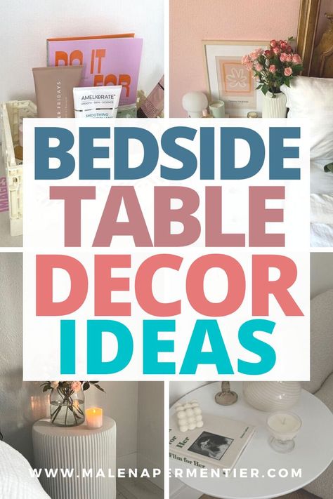 bedside table decor ideas Side Table Decor For Bedroom, Bedside Table Ideas Decor, Nightstand Decor Ideas, Small Bedside Table Ideas, Bedroom Side Table Decor, Bedside Table Decor Ideas, Bed Side Table Decor, Girl Bedside Table, Unusual Bedside Tables